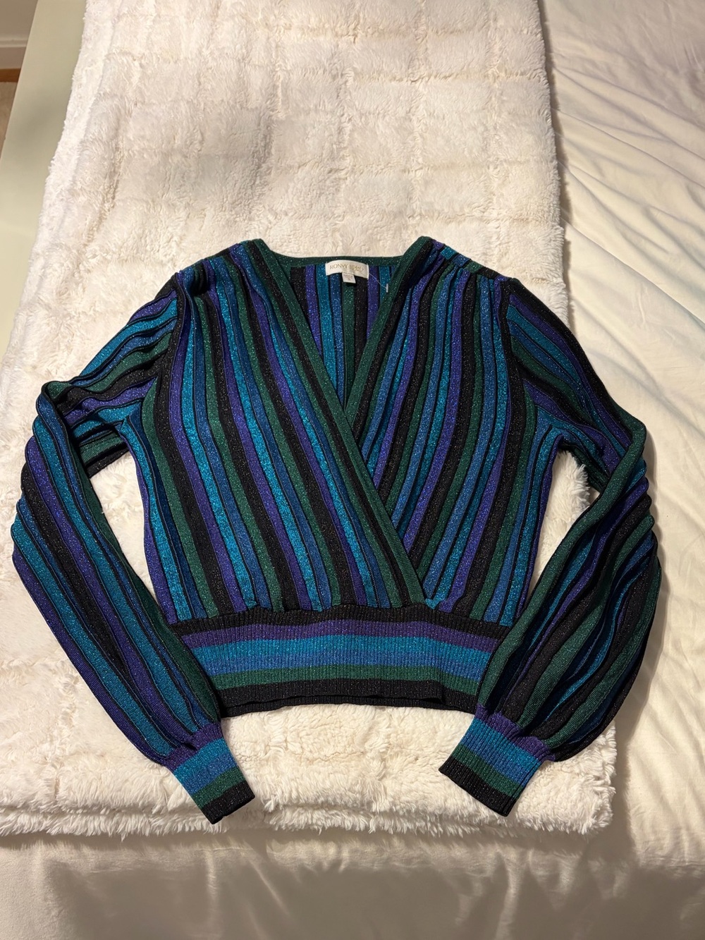 Ronny Kobo Collection Striped V-Neck Sweater in Blue, Teal & Black
